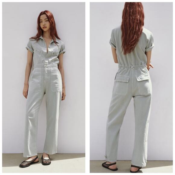 Zara Denim Jumpsuit Size Small Blue Gray Short Sleeve Straight Leg Flightsuit - Picture 1 of 14